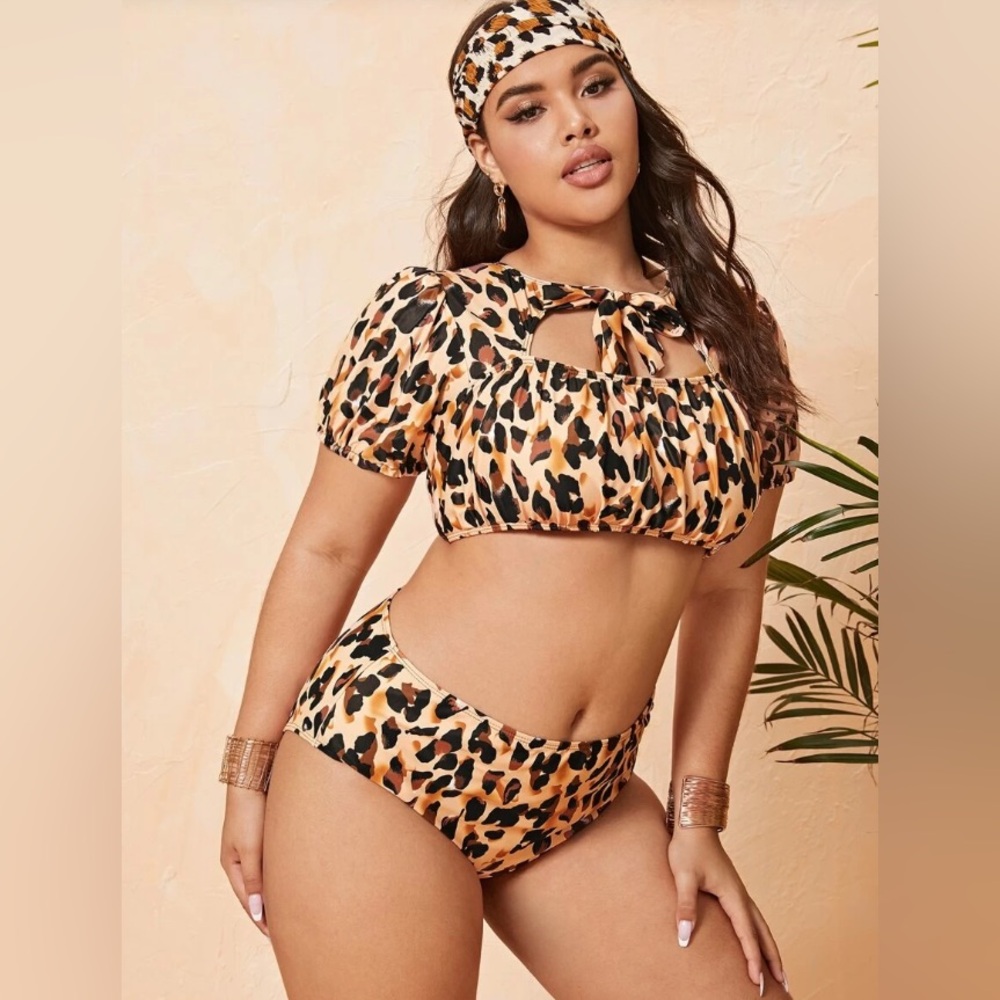 Leopard Print Puff-Sleeve Bikini Set - Tan/Black
